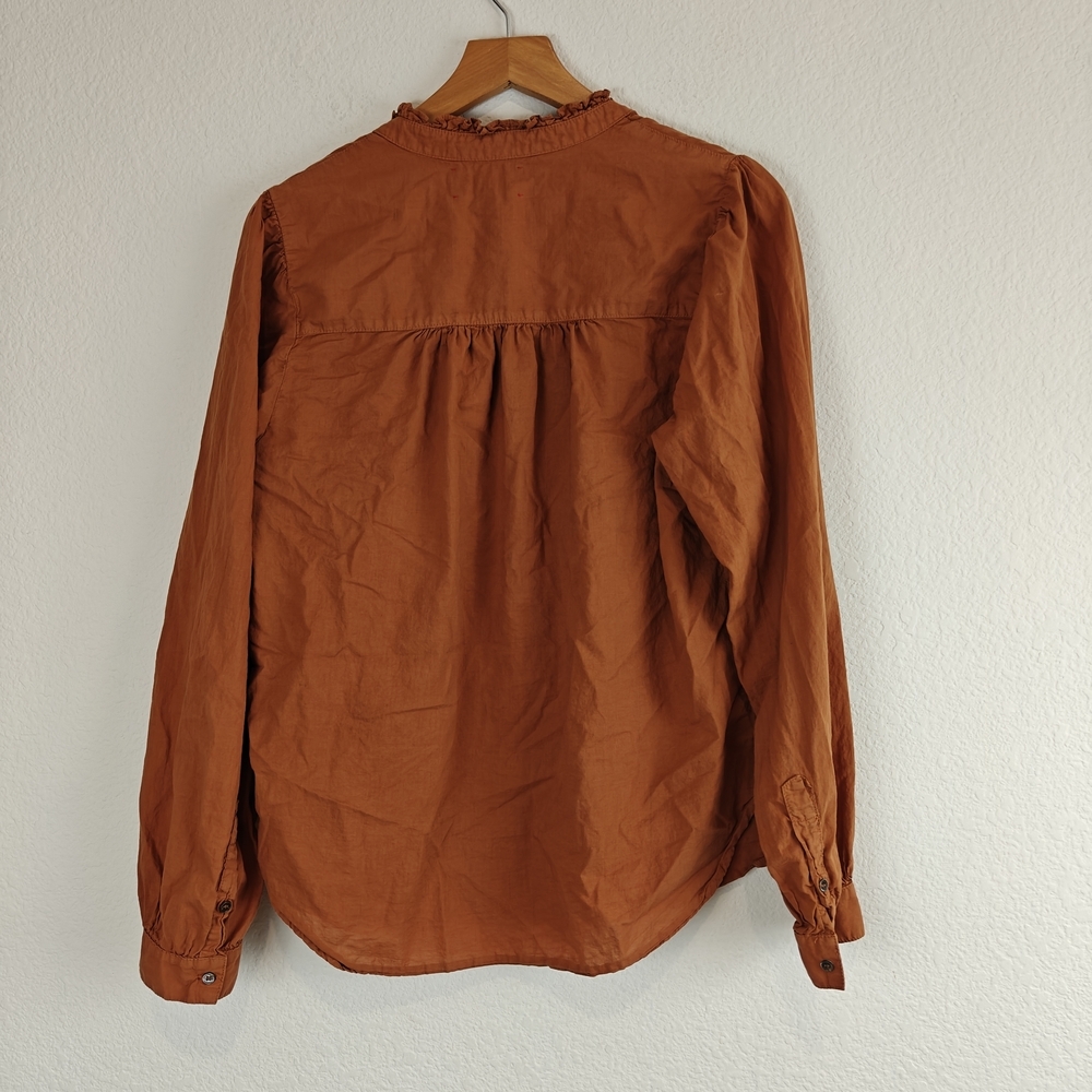 Xirena Orange Cotton Ruffle Neck Button Down Blouse | Relaxed Boho Coastal Chic - Picture 8 of 10